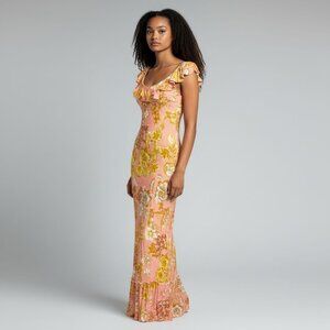 Free People Ruffle Maxi Dress XS Floral Pink Coral Yellow Ochre V Neck Boho